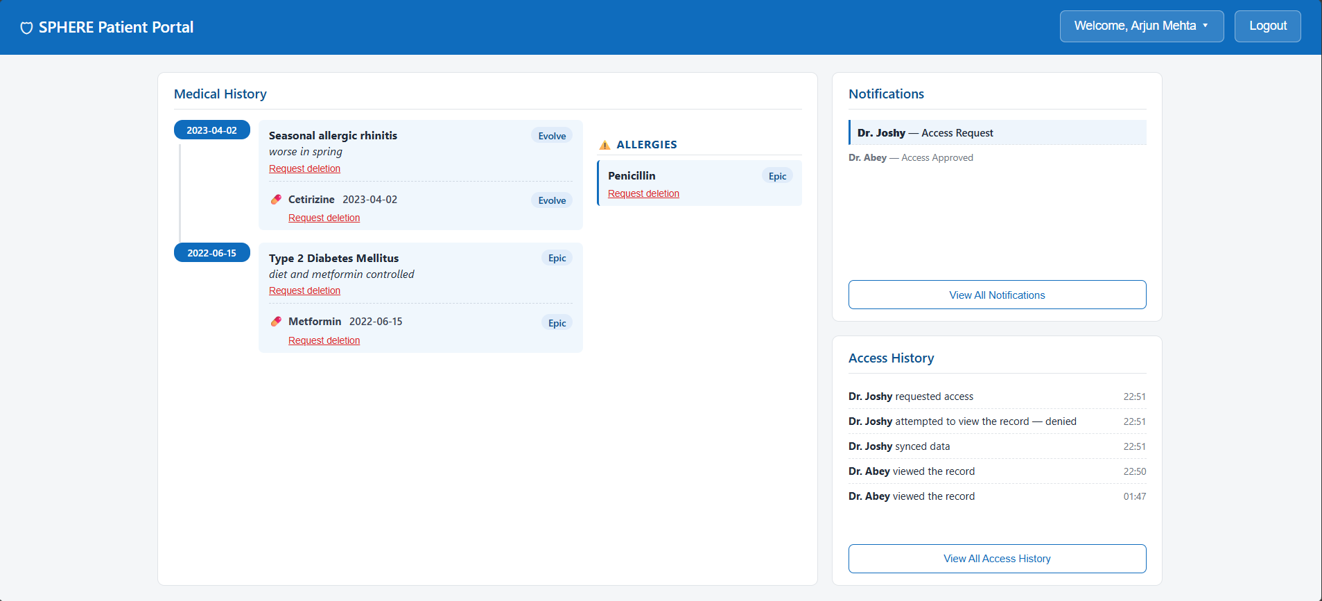 Screenshot of the SPHERE Patient Portal showing a patient's medical history timeline, allergies, recent notifications, and access history log.