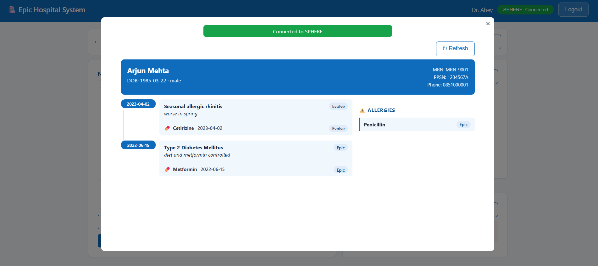 Screenshot of the Epic Hospital System UI with the embedded SPHERE widget open, showing a patient's unified medical timeline merged from Evolve and Epic, with allergy information alongside.